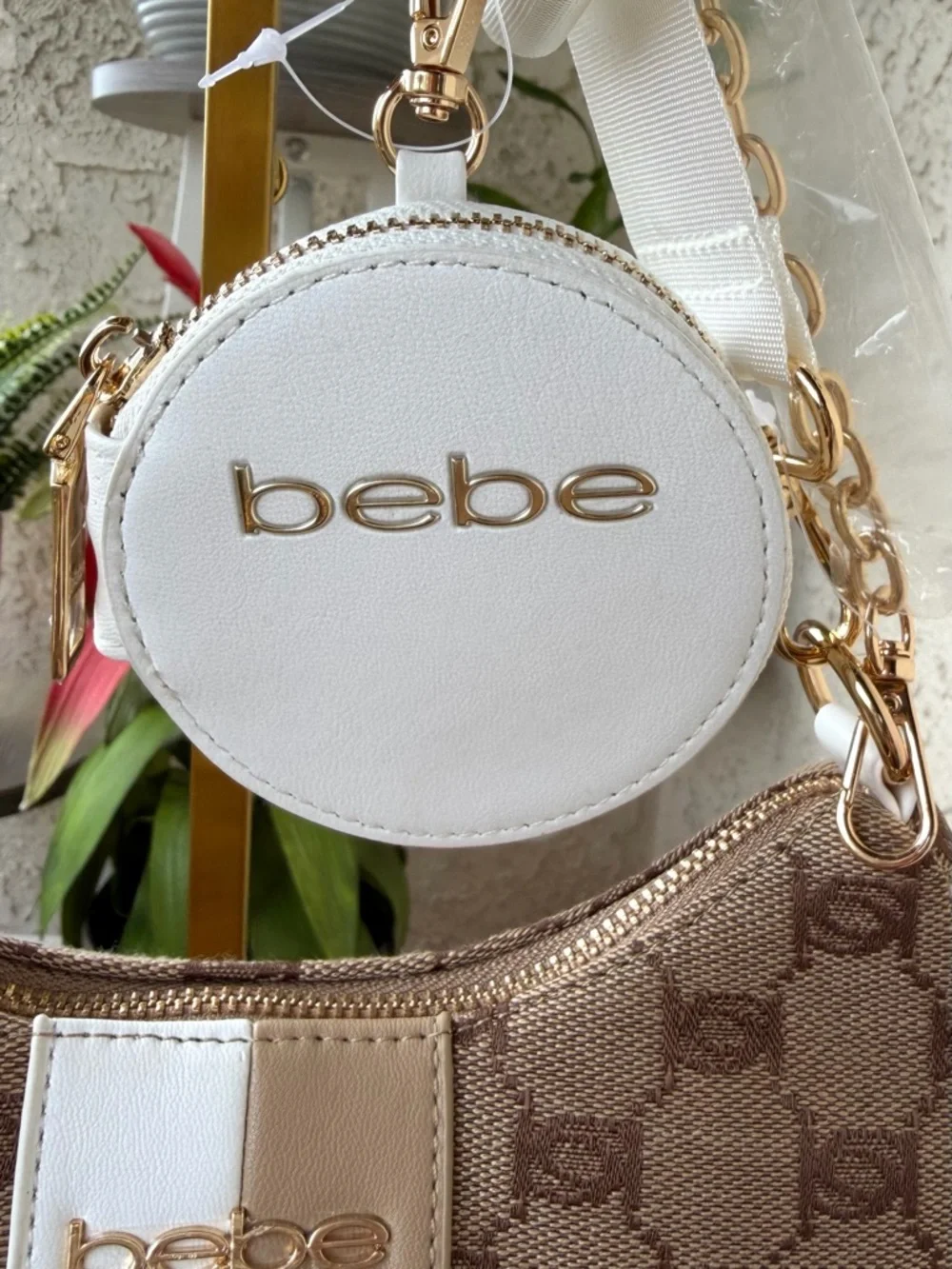 bebe Brown, White & Gold Logo Hobo Shoulder Bag with Coin Pouch - Picture 7 of 16